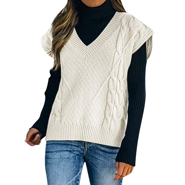 Gibobby Sueter Para Mujer Invierno Punto Chaleco de punto sin mangas con cuello en V para mujer(Blanco,XG)