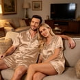 thumbnail image 6 of Resicozy Satin Matching Pajamas Sets Couple Silk Button Nightwear Women & Men Short Sleeve Sleepwear 2 Pieces Loungewear Khaki 4XL, 6 of 6