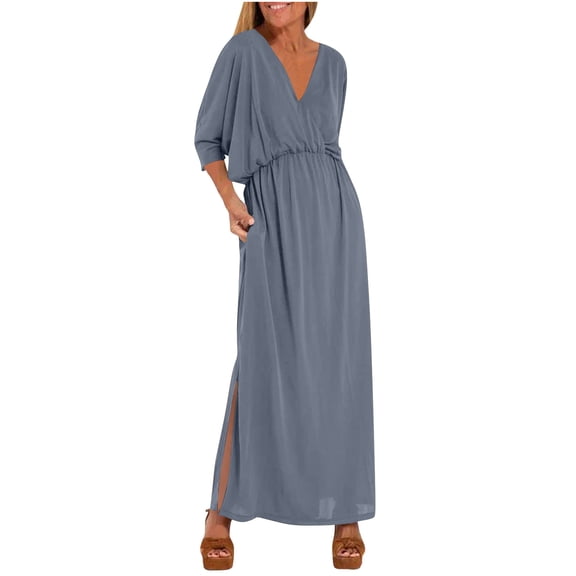 qafoshin Summer Dress for Women Loose V-neck 3/4 Sleeve Long Maxi Dress Pleated Ruffle Flowy Beach Vacation Sundress