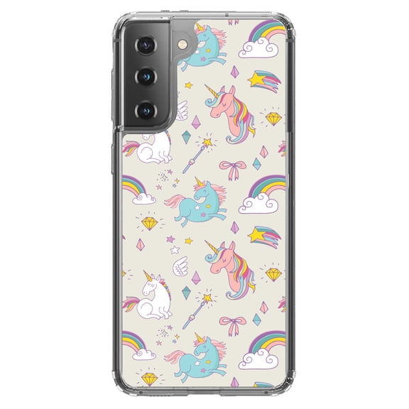 DistinctInk Clear Shockproof Hybrid Case for Galaxy S21 5G (6.2" Screen) - TPU Bumper, Acrylic Back, Tempered Glass Screen Protector - Unicorn Rainbow Wand Pattern - Beige