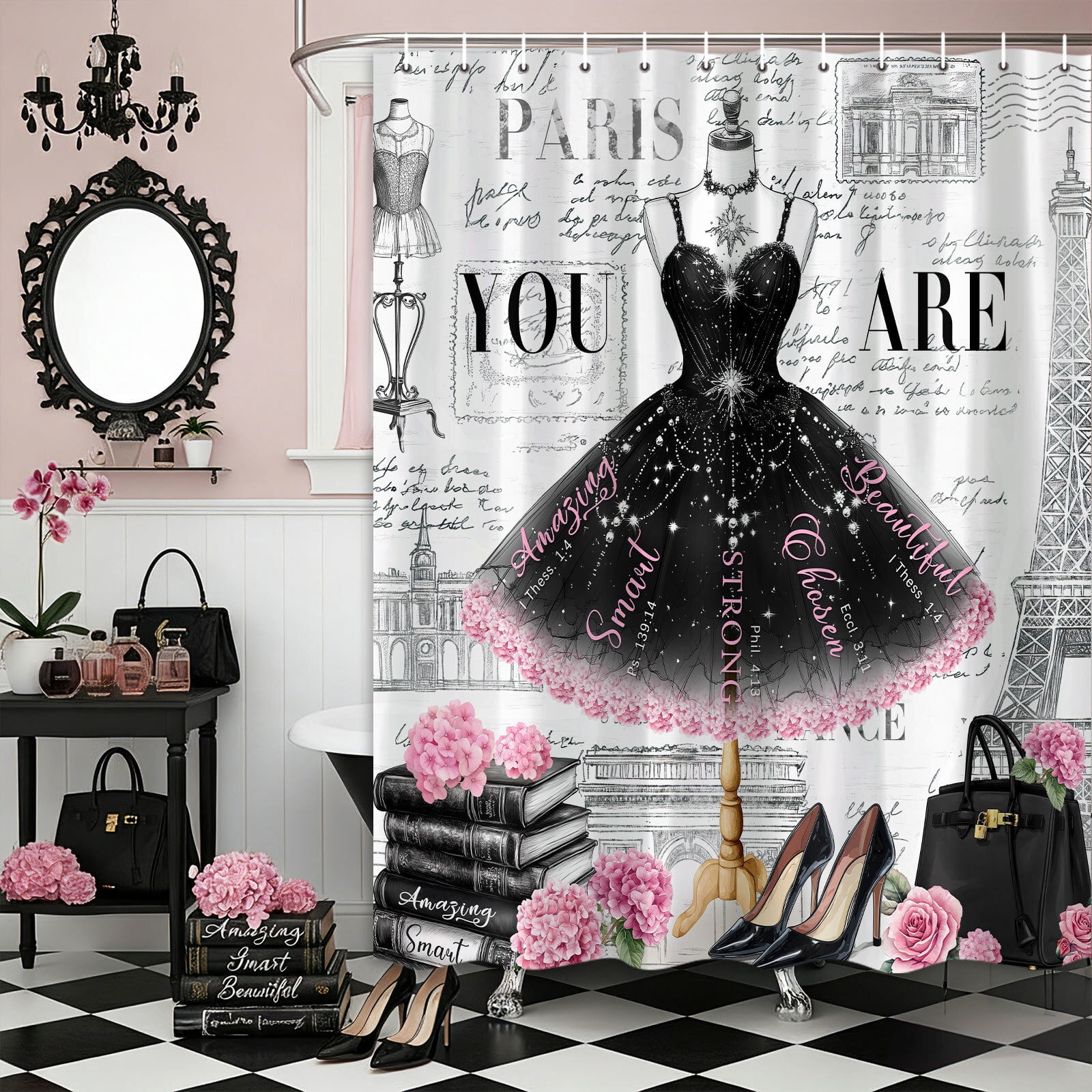 Black Girly Dress Shower Curtain, Fashion Modern Ballet for Girls Women Bath Curtain, Eiffel Tower Paris Perfume High Heels Makeup Bathroom Decor Fabric Polyester Waterproof with Hooks,60X70in