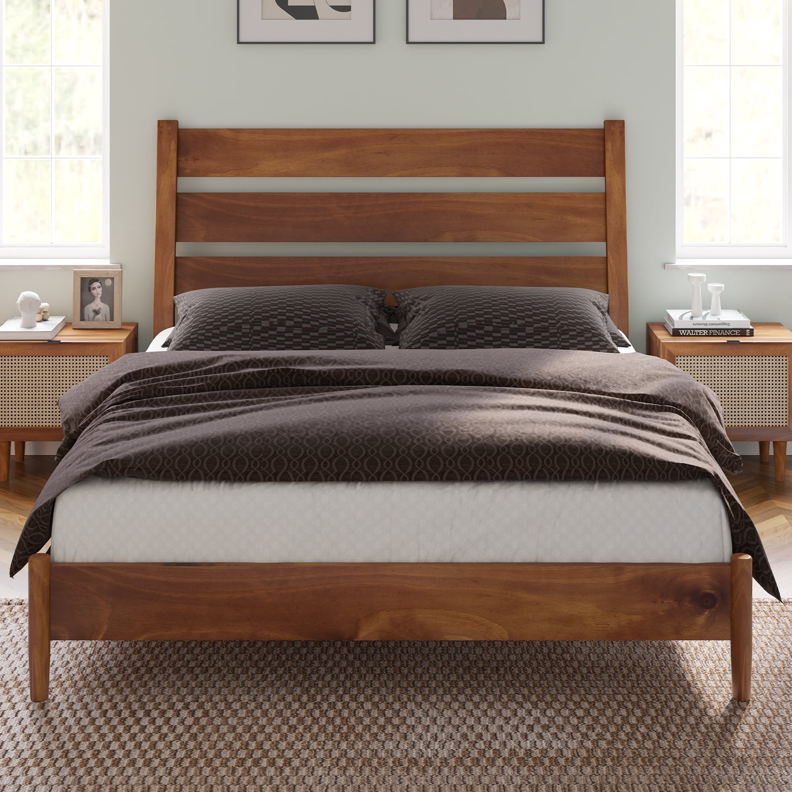Merluxy Queen Size Solid Wood Bed Frame, Mid Century Platform Bed with Reclining Slatted Headboard, Wood Slat Support/Noise Free, Light Brown