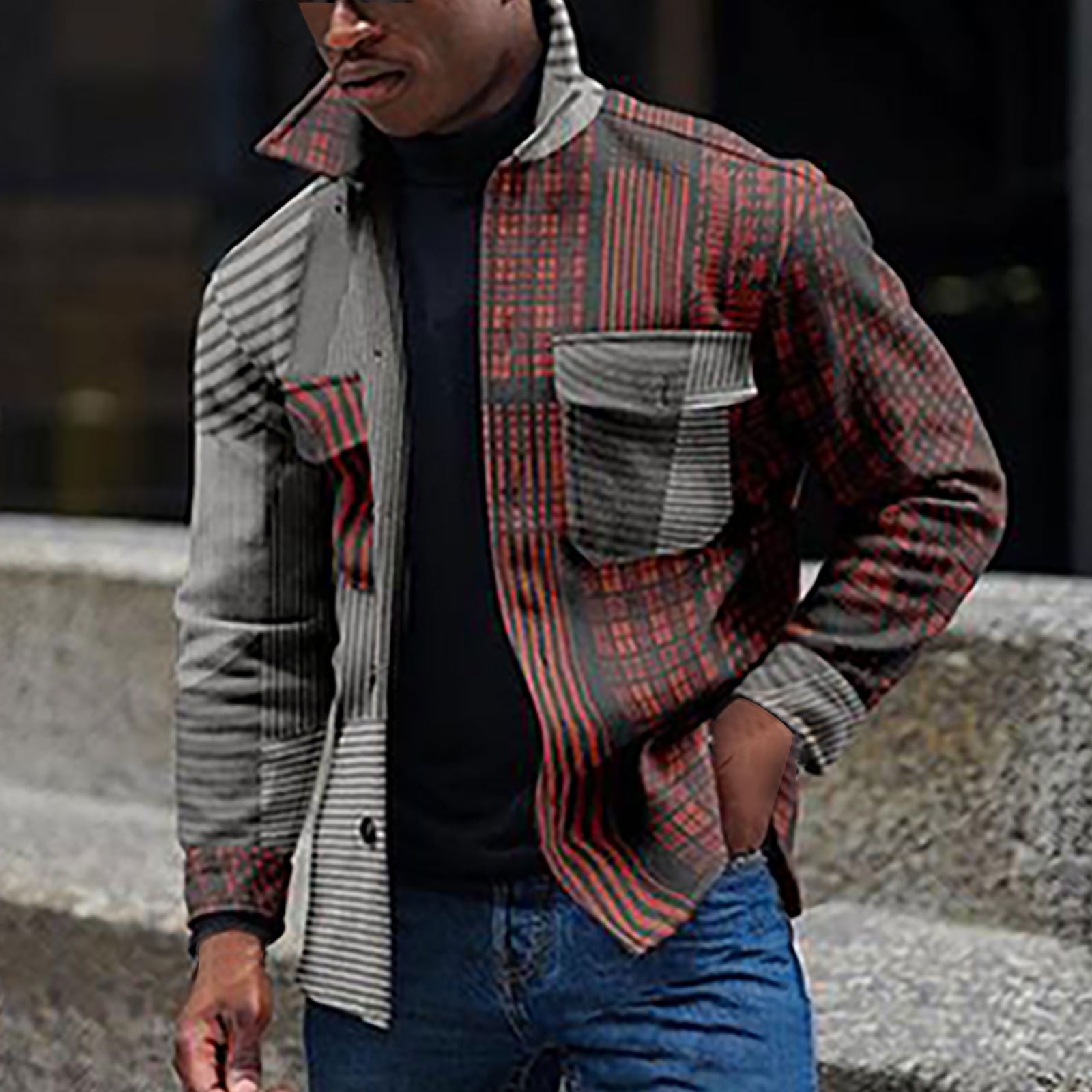 XZNGL Denim Jacket Men Men Non Positioning Printing Turndown Lattice Long Sleeve Single Breasted Cardigan Buttoned Jacket Coat Long Coat Men Men Jacket Fashion Walmart