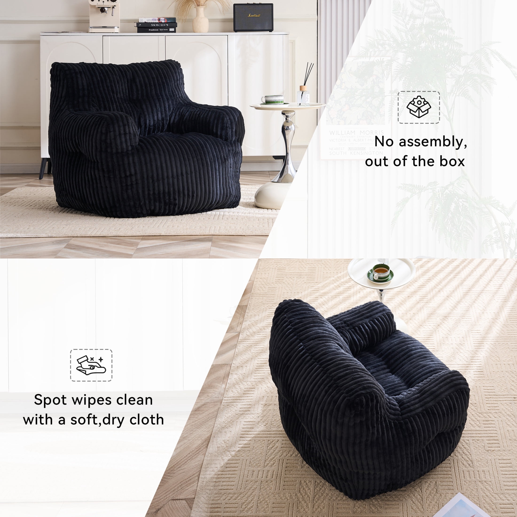 Noble House Solley 39" Fluffy Corduroy Bean Bag Chair, Memory Sponge Floor Lounger Accent Seat for Living Room, Black