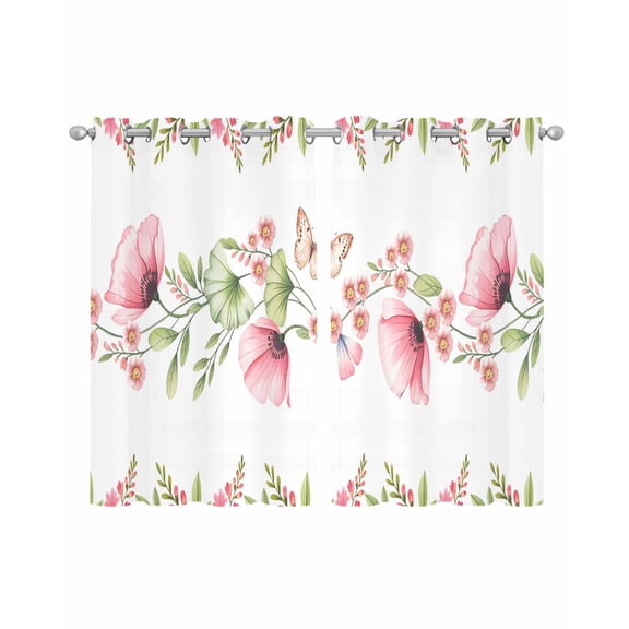 Pink Flowers Sheer Curtains 39 Inch Length 2 Panels Set for Living Room/Bedroom, Sping Botanical Floral Leaves Butterflyvines Kitchen Curtains Grommet Curtains Window Treatments 27.5"x39"x2