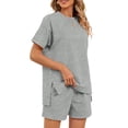 thumbnail image 3 of Women Casual 2 Piece Outfits Sweatsuits Summer Short Sleeve Loungewear Tracksuit Round Neck Lounge Shorts Sets Gray S, 3 of 10
