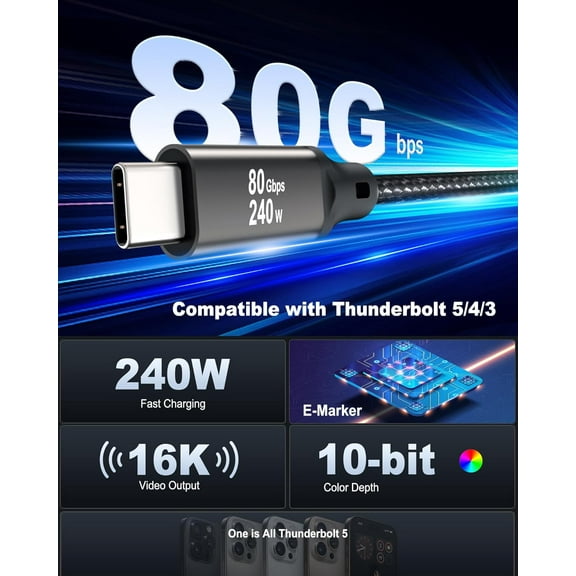 WEIFEI-80Gbps Thunderbolt 5 Cable, up to 120Gbps Bandwidth, 240W Fast Charging, 16K@60Hz, 4K@540Hz USB C Video Cable, Compatible for Thunderbolt 4/3, USB4, SSD, MacBook M4 Pro, Dock, eGPU, 3.3FT