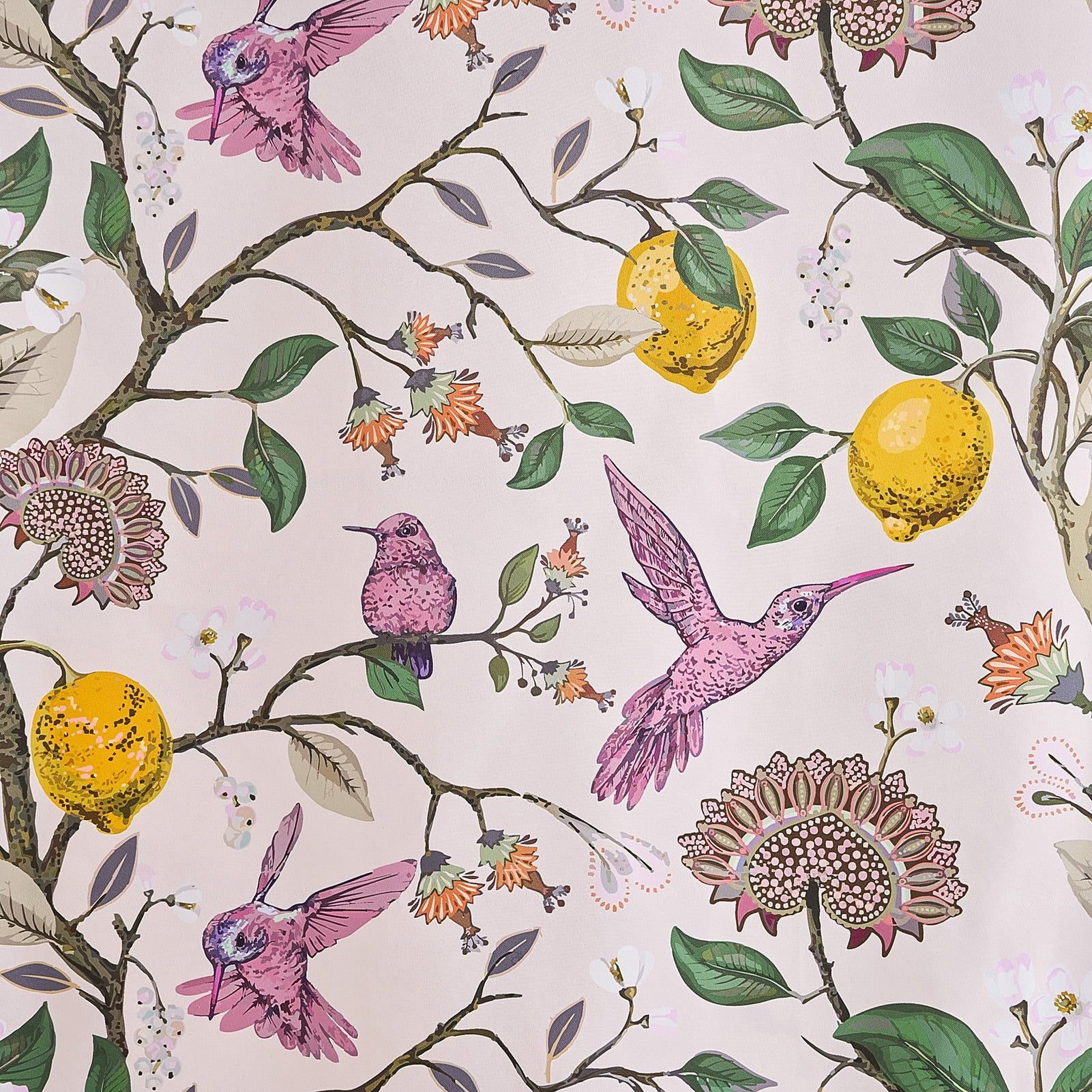 Topfinel Fancy Hummingbird Patterned Curtain,Pink Curtains for Living Room, Thermal Insulated Blackout Curtains for Bedroom, Floral Vintage Lemon Curtains 96 inch Length 2 Panels Set