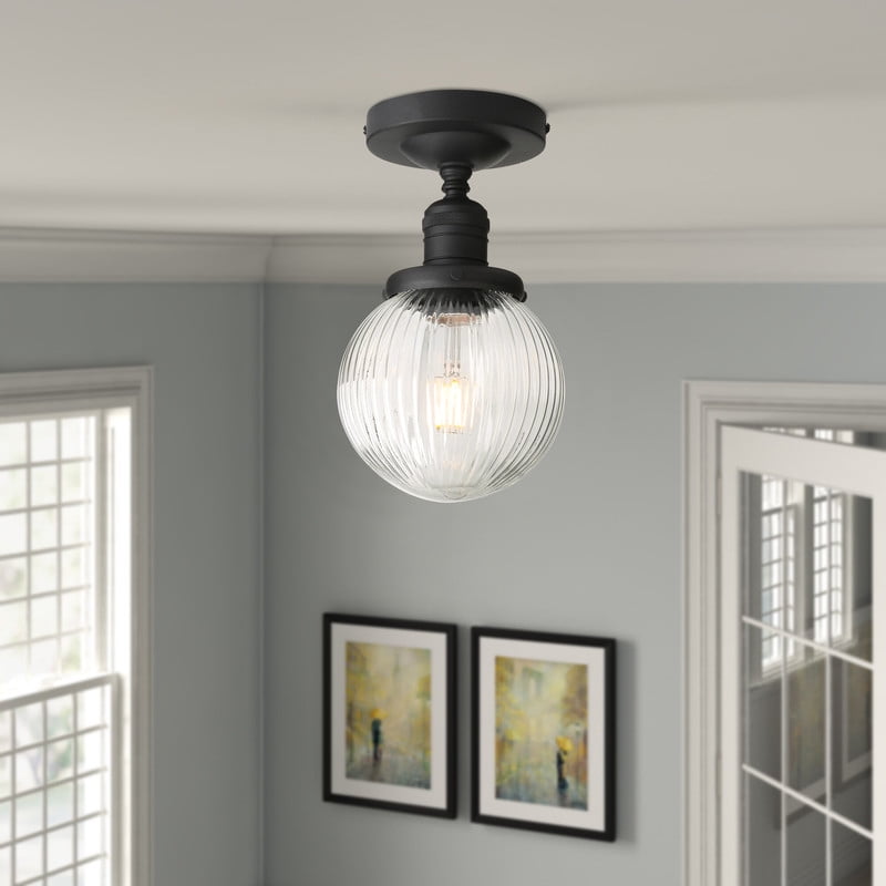 Pathson Modern Semi Flush Mount Ceiling Light Fixture with Striped Globe Glass Shade
