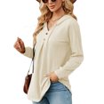 thumbnail image 3 of SHIBEVER Womens Hoodies Fall Tunics Tops Long Sleeve Blouses Loose Fit Sweatshirts V Neck Shirts Trendy Pullover with Button Casual Tops Solid Color Beige Tshirt Size L, 3 of 5