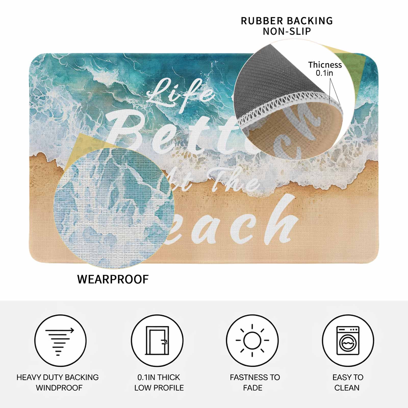 Summer Beach Blue Doormat Outdoor Entrance 16"x24", Life Is Better at The Beach Absorb Moisture Dirt Door Mats, Non-Slip Rubber Backing Floor Mats Indoor, Low-Profile Front Door Rugs