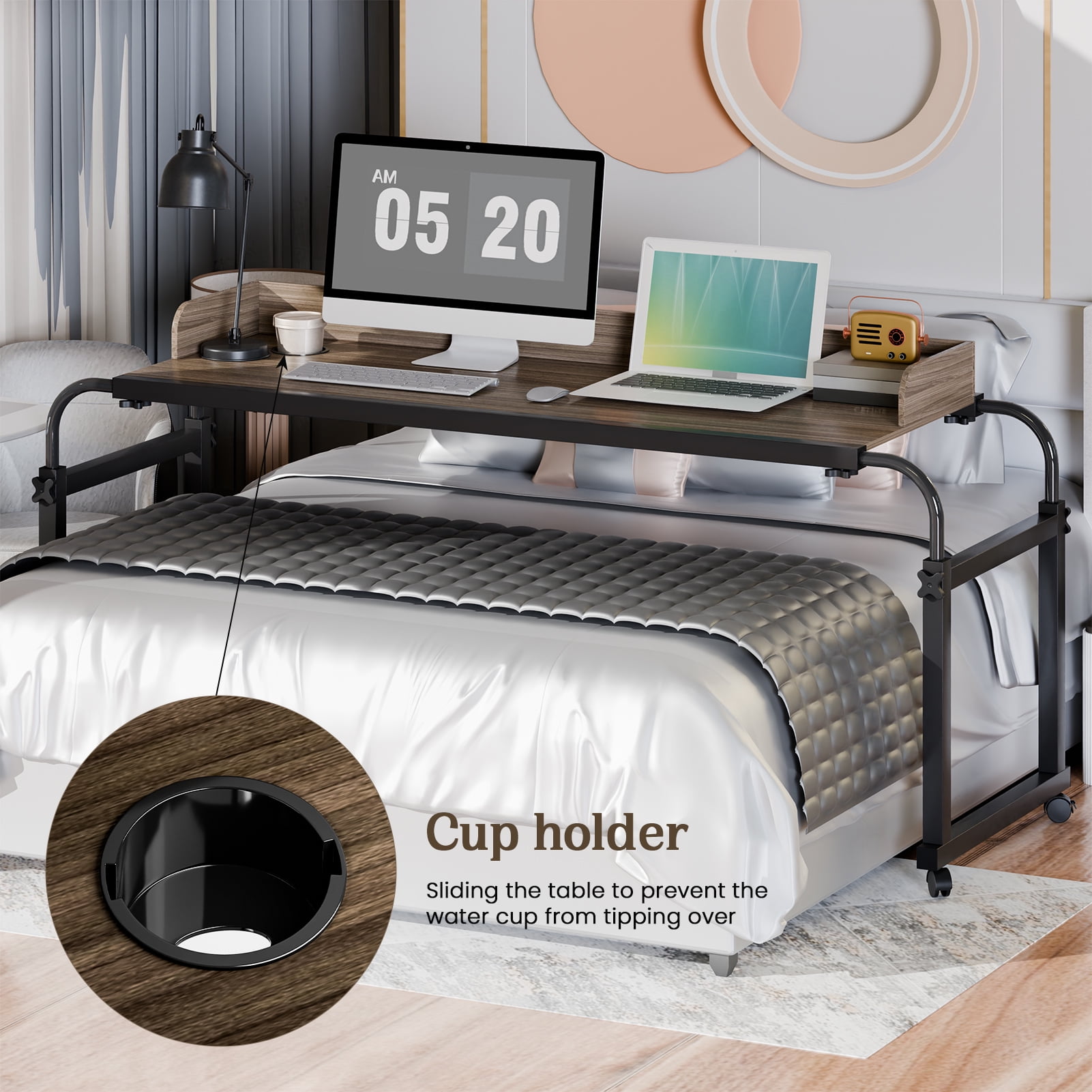 Hyasfey Standing Workstation Table,Overbed Table with 360 Degree Wheels, Mobile Bed Desk with Baffle, Cup Holder, Length Height Adjustable