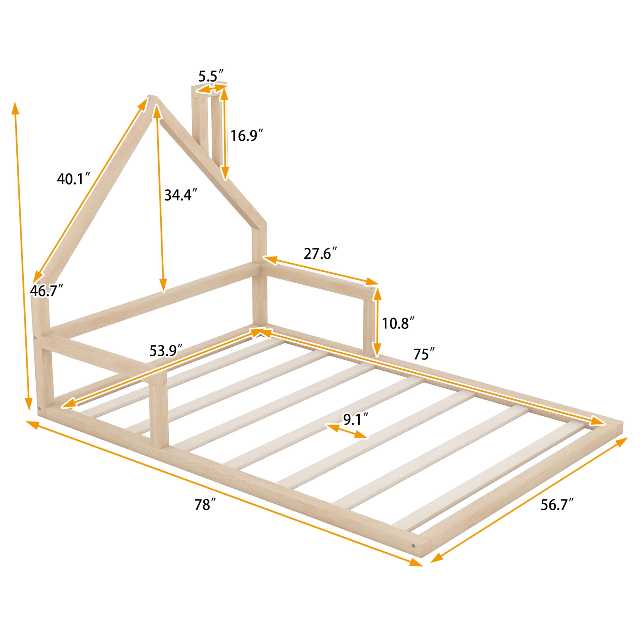 Noble House Full Wood Floor Bed, Montessori House-Shaped Headboard with Chimney Detail, Safety for Kids, Natural