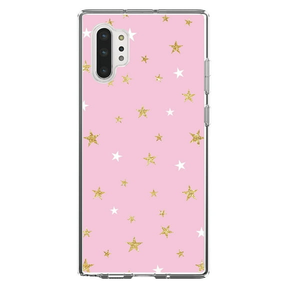 DistinctInk Clear Shockproof Hybrid Case for Galaxy Note 10 PLUS (6.8" Screen) - TPU Bumper, Acrylic Back, Tempered Glass Screen Protector - Pink & Gold Print - Stars Pattern