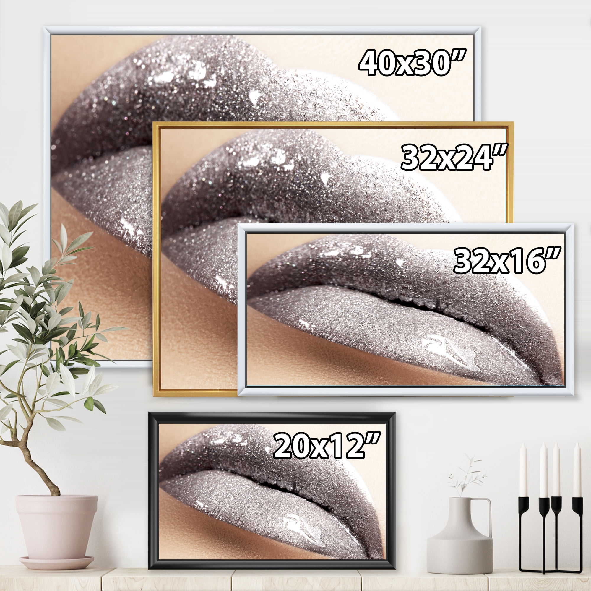 Designart 'Close Up of Female Lips With Glittering Silver' Modern Framed Canvas Wall Art Print