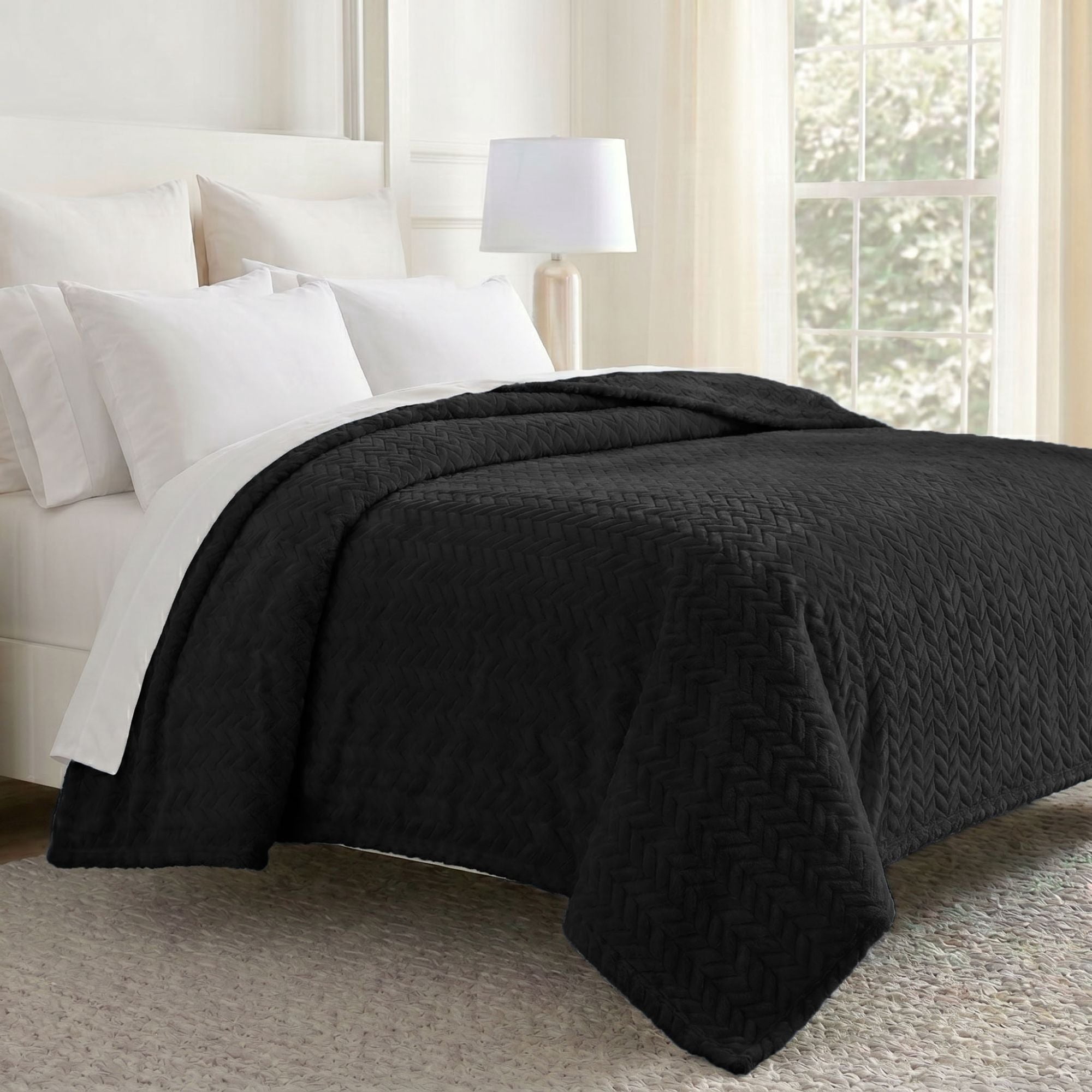 Superior Hope Herringbone Fluffy Fleece Blanket, Twin Size, Black
