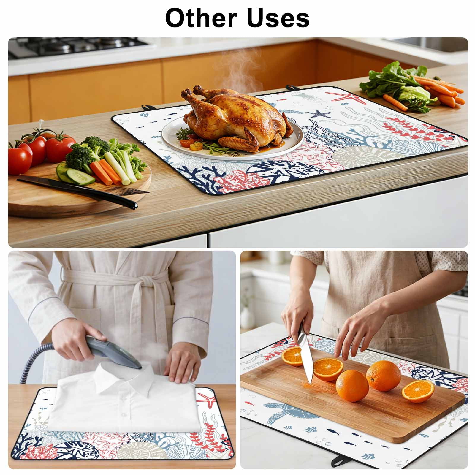 Navy Blue Coastal Stove Top Cover for Electric Stove, Heat-proof & Non Slip Glass Top Stove Cover Protector, Coral Turtle Starfish Jellyfish Kitchen Flat Cooktop Rubber Mat 31x24 Inches