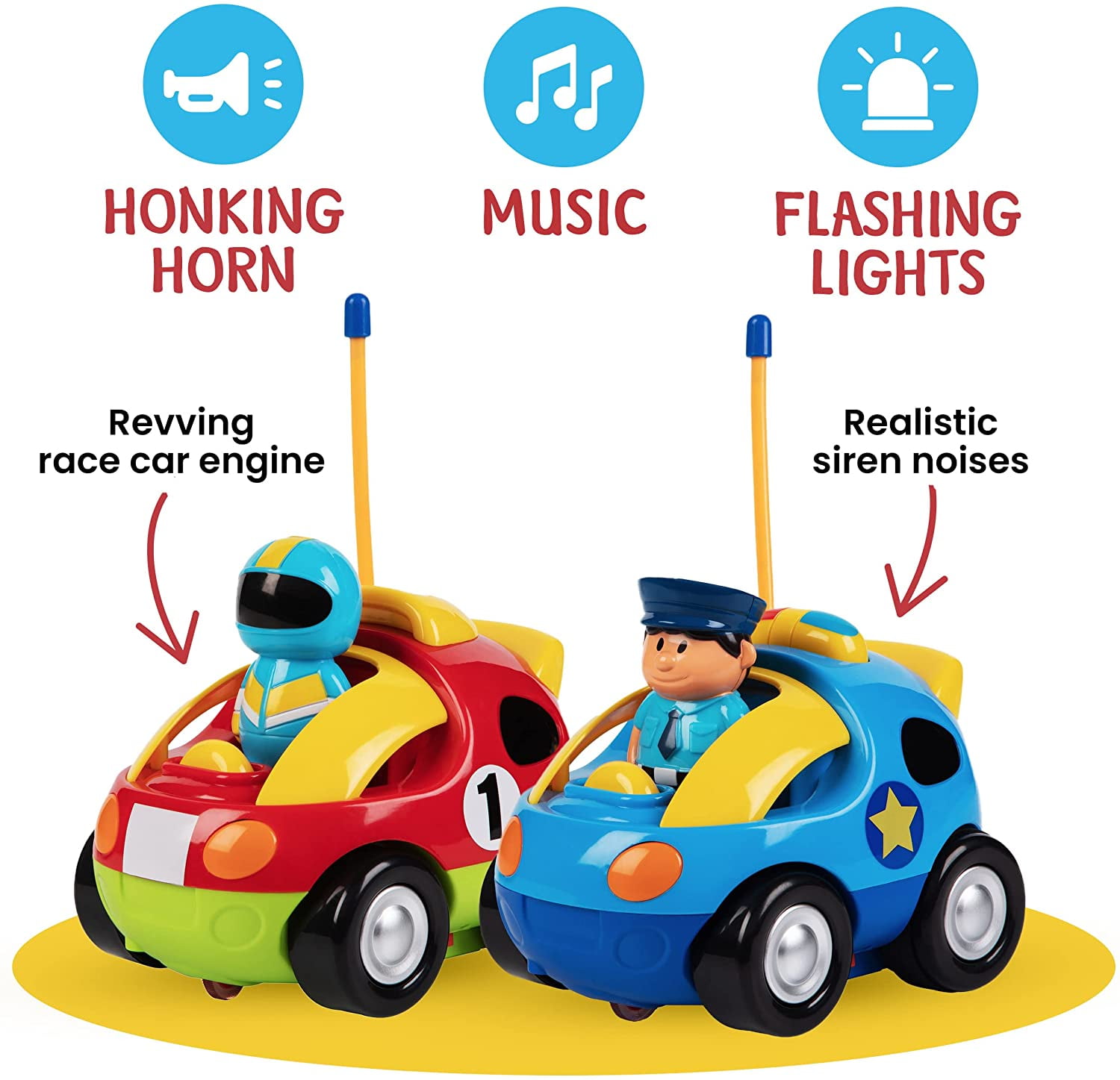 Prextex 2 Pack Cartoon Remote Control Cars | Police Car and Race Car - RC  Toys for Kids, Boys, & Girls - Each with Different Frequencies So Both Can 