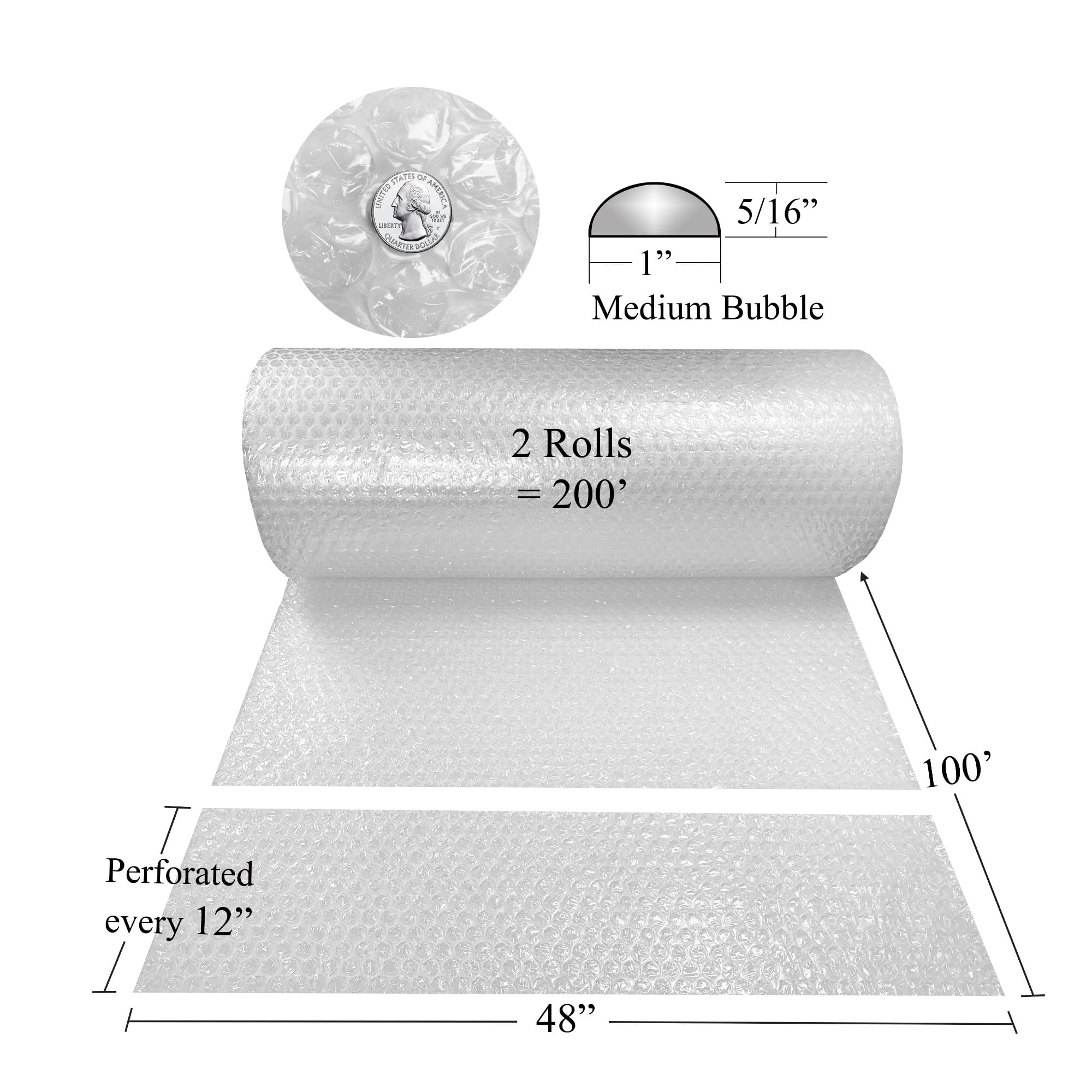 UOFFICE Bubble Wrap Roll - 5/16" 200' x 48" Bubbles, 200 Ft