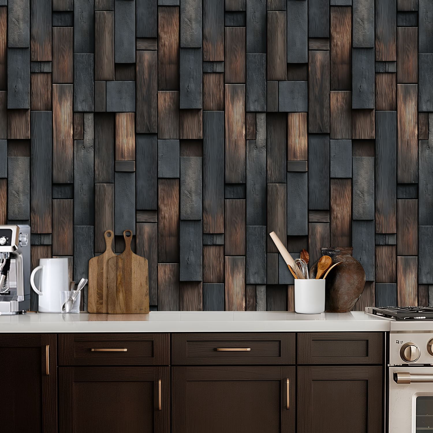 Peel and Stick Wallpaper Dark Charcoal Wood Paneling Natural Grain Patterns Wall Mural 17.7in x 9.8ft Self Adhesive Removable Wall Paper Renter Friendly Wallpaper for Nursery Bedroom Cabinets