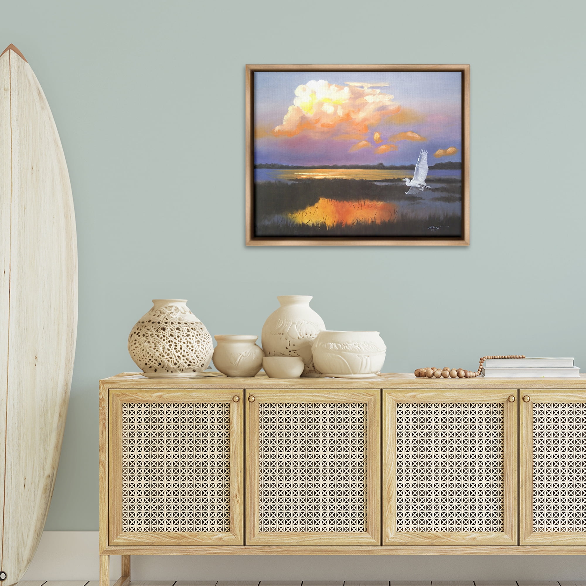 Stupell Industries Egret Over Cloudy Reflection Landscape Painting Brown Floater Framed Canvas Art Print Wall Art, 31 x 25