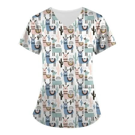

UDAXB Womens Nursing Scrub Tops Valentine s Day Love Heart Printed Working Uniform Short Sleeve V-Neck Workwear Blouse T-shirt with Pockets