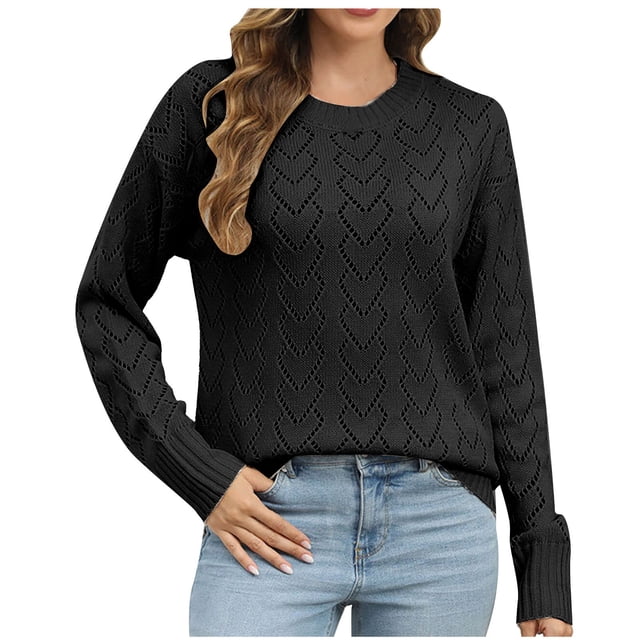 Qertyioot Chandails Tricotés pour Femmes, Chandail Blouse à Manches Longues Col Rond Ajouré pour Femmes