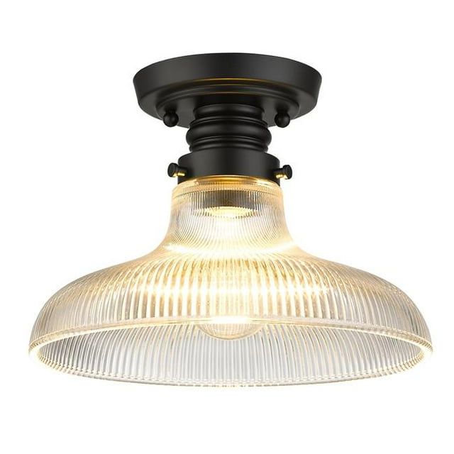 Golden Lighting 0307-FM10 BLK-ROG 10 in. Clary Flush Mount, Matte Black with Ribbed Optic Glass Shade