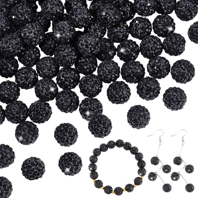 100pcs 10mm Black Rhinestones Beads Pave Disco Ball Clay Beads Polymer Clay Rhinestone Beads Round Beads for Bracelet Necklace Earring Jewelry Making Christmas Decor