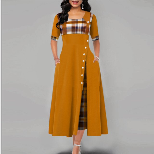 Même style Été Rue Tempérament Robe à Manches Courtes Col Rond Grande swing Jaune m
