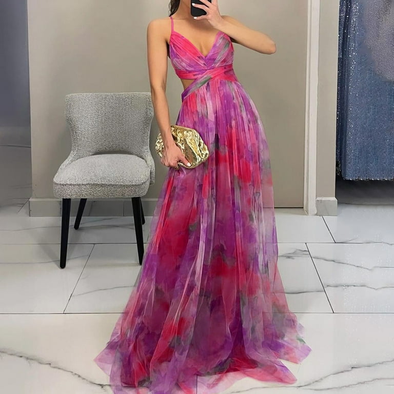 Prdecexlu Women's Floral Tulle Wedding Guest Dress Spaghetti Straps V Neck  A Line Formal Colorful Cocktail Maxi Dresses Hot Pink M - Walmart.com