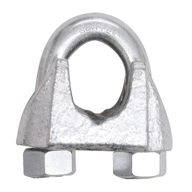 perro hierro maleable 3/4 tuercas acero per10 surtek Vista frontal centrada de un perro de hierro maleable Surtek para cable 3/4" con recubrimiento galvanizado y dos tuercas hexagonales de acero en la base; diámetro de rosca 9/16", recorrido de cable 565 mm y torque máximo 75 ft·lb. A menudo se usa también para asegurar cuerdas y cables en herrería ligera.