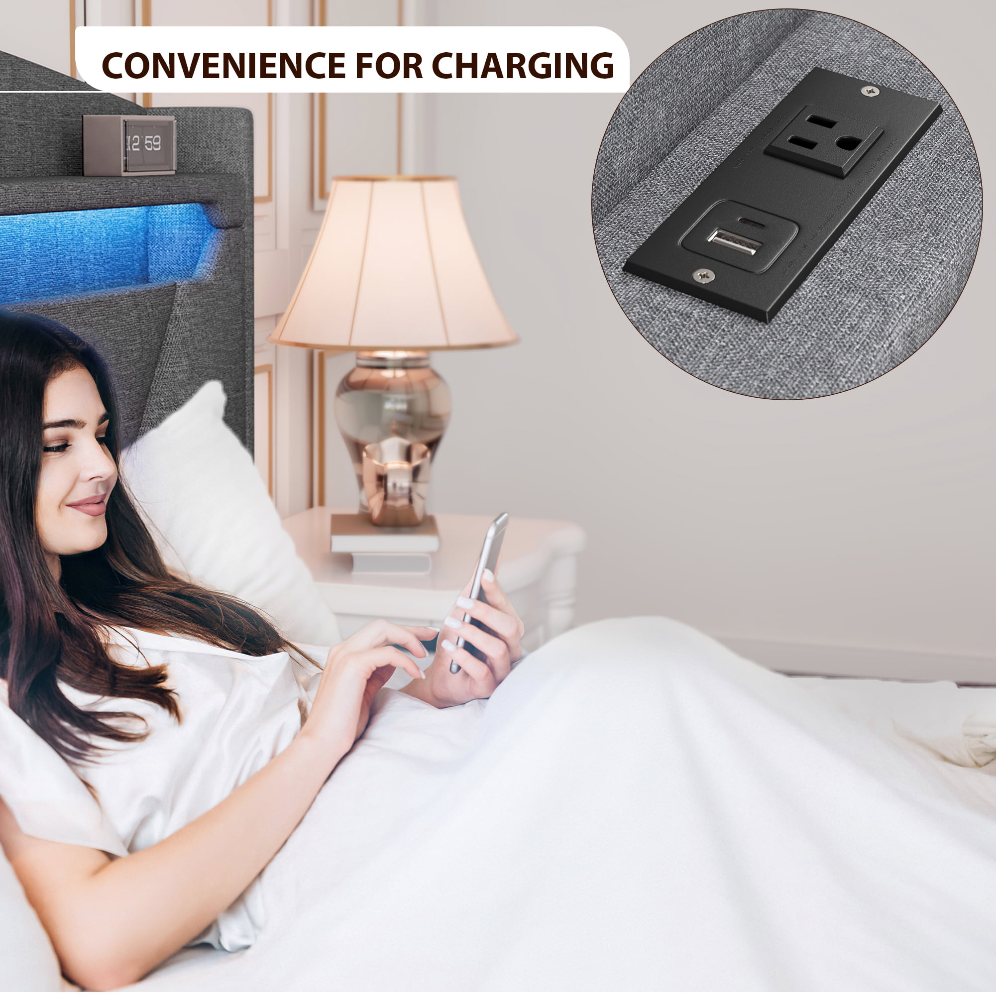 Miniyam Queen Size Upholstered Bed with RGB Headboard, Drawers, USB Ports, Type-C for Adult, Gray