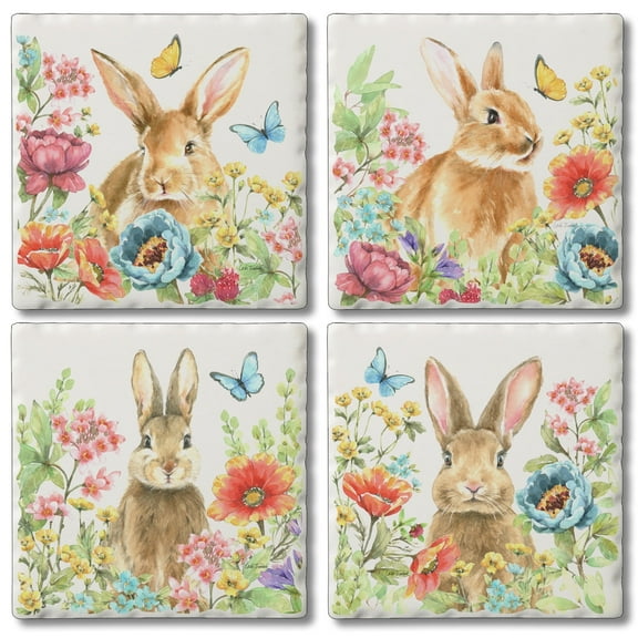 Thirstystone Garden Bunnies 4-Pack Assorted Tumbled Tile Stone Coasters
