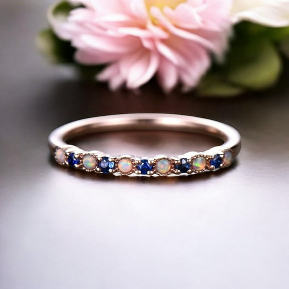 SHREENATHJEWELRY 1.5MM / 1Ct Round Cut Sapphire Rose Gold Engagement Ring Fire Opal Stacking Wedding Ring Proposal Ring