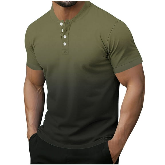 VSSSJ Men's Muscle Henley Shirts Slim Fit Short Sleeve Crewneck Gradient Color T-Shirt Gym Workout Athletic Shirt Tees with Button Dark Green XXXL