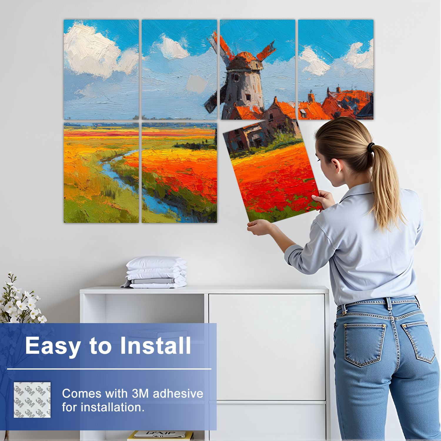 Windmill 8 Pack Art Acoustic Panels Sound Absorbing Dutch Countryside Oil Painting Tulip Fields Windmill Decorative Soundproof Wall Panels Self Adhesive for Nursery Game Room Bedroom 48"x32"
