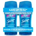 thumbnail image 1 of Secret Outlast Antiperspirant and Deodorant for Women, Invisible Solid, Completely Clean Scent, 2.6 oz (Pack of 2), 1 of 9