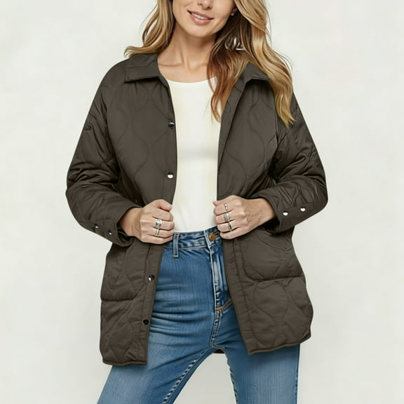 UQJfacai Womens Quilted Jackets Button Down Puffer Jacket Lapel Collar Padded Winter Coat Loose Fit Casual Outerwear with Pockets
