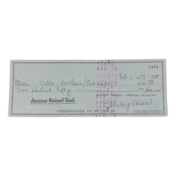 Stan Musial St. Louis Cardinals Signed Bank Check #5484 BAS