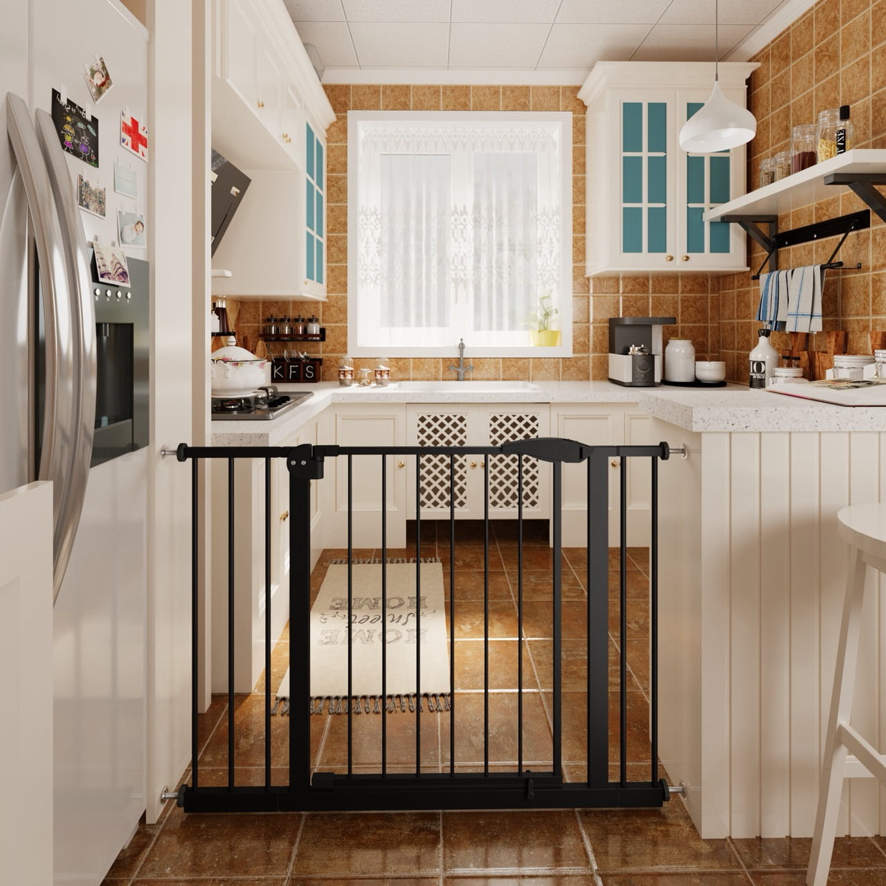 29.5-44.1 in Wide Pressure Mounted Dog Gate for Stairs and Doorways, No Drill Walk-Through Metal Pet Gate, Black