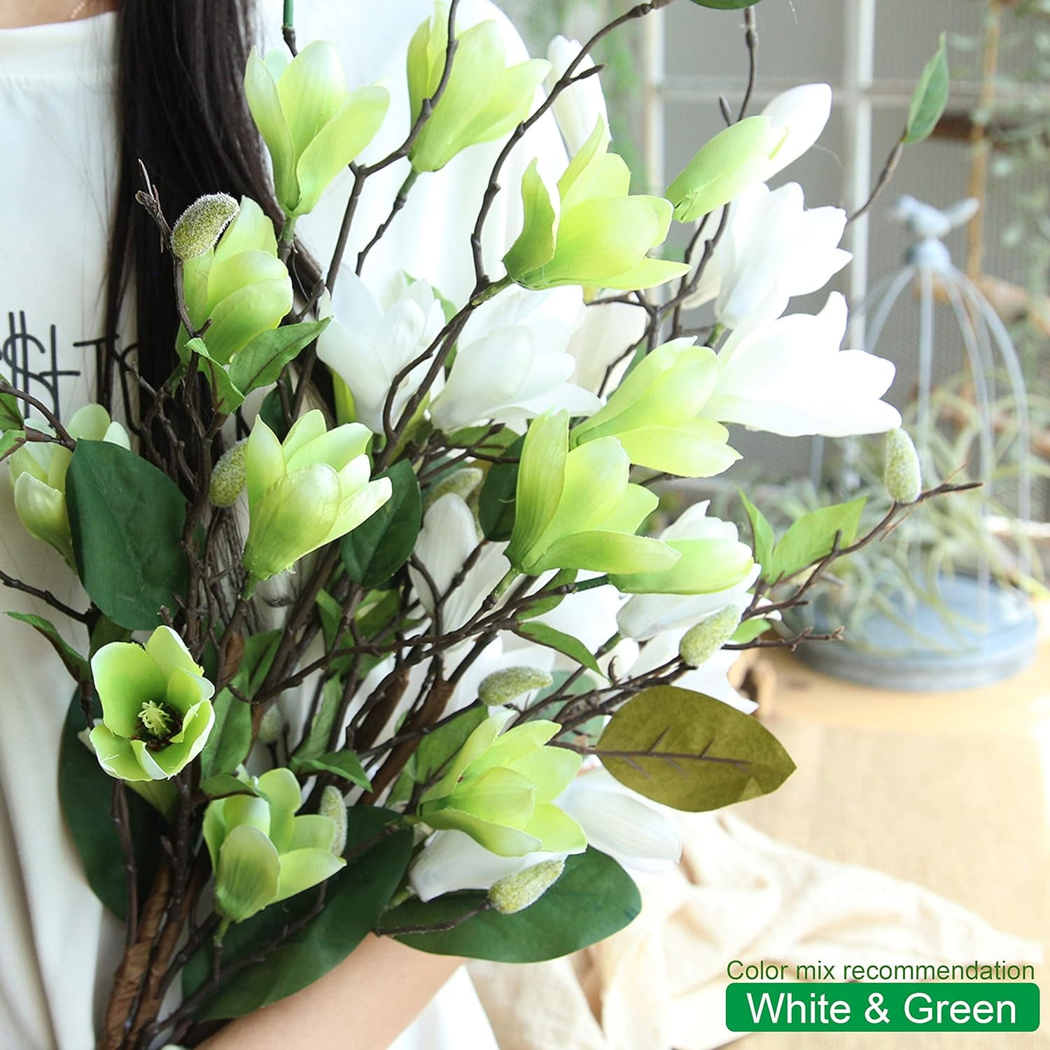 Artificial Flower 6pcs 30'' Long Stem Silk Magnolia Flower with 7 Blossoms and 2 Buds for Home Décor Housewarming Gift Wedding Bridal Bouquet Centerpiece Reception Hotel Restaurant(White)