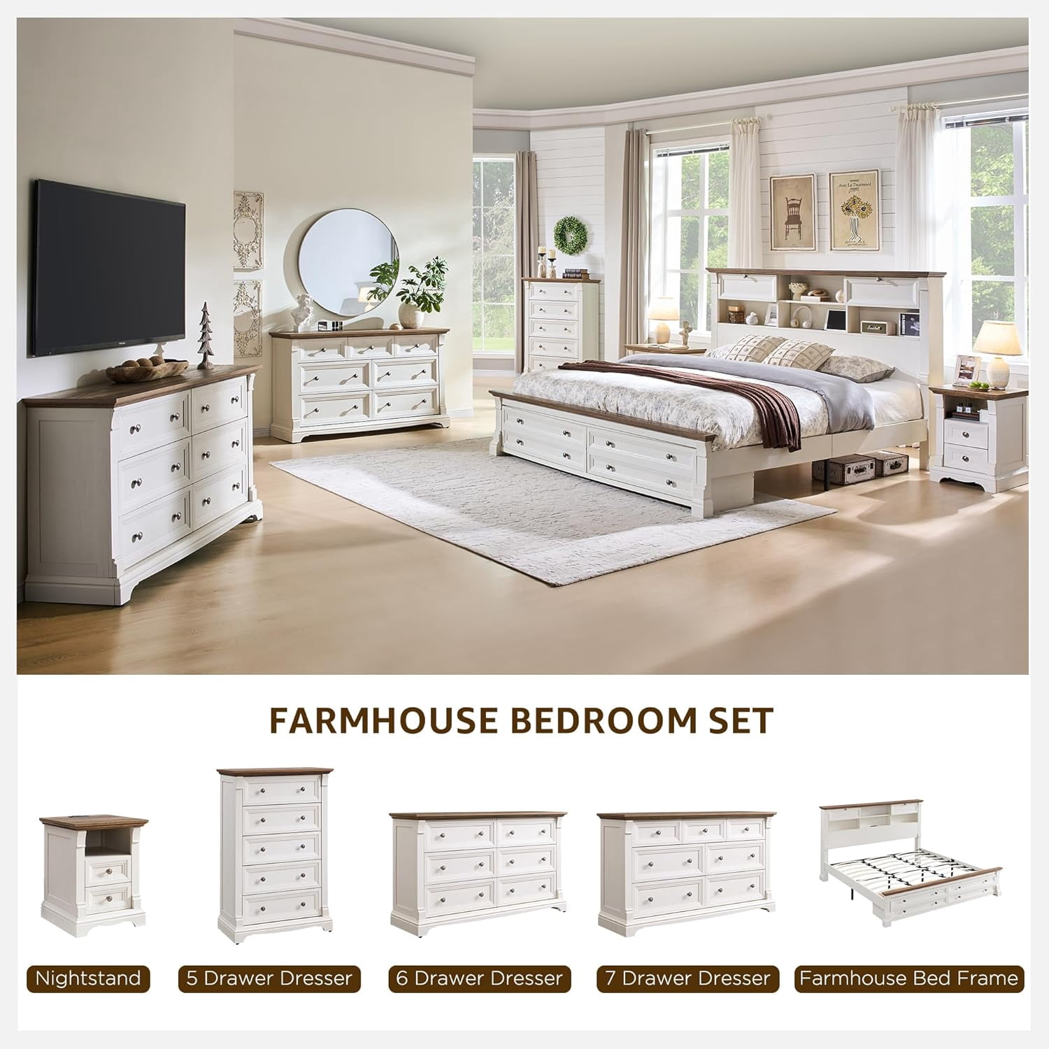 KeyWhat Farmhouse Queen Size Bed Frame with 54" Tall Storage Bookcase Headboard, Wood Platform Bed Frame with 2 Drawers, No Box Spring Needed, Antique White