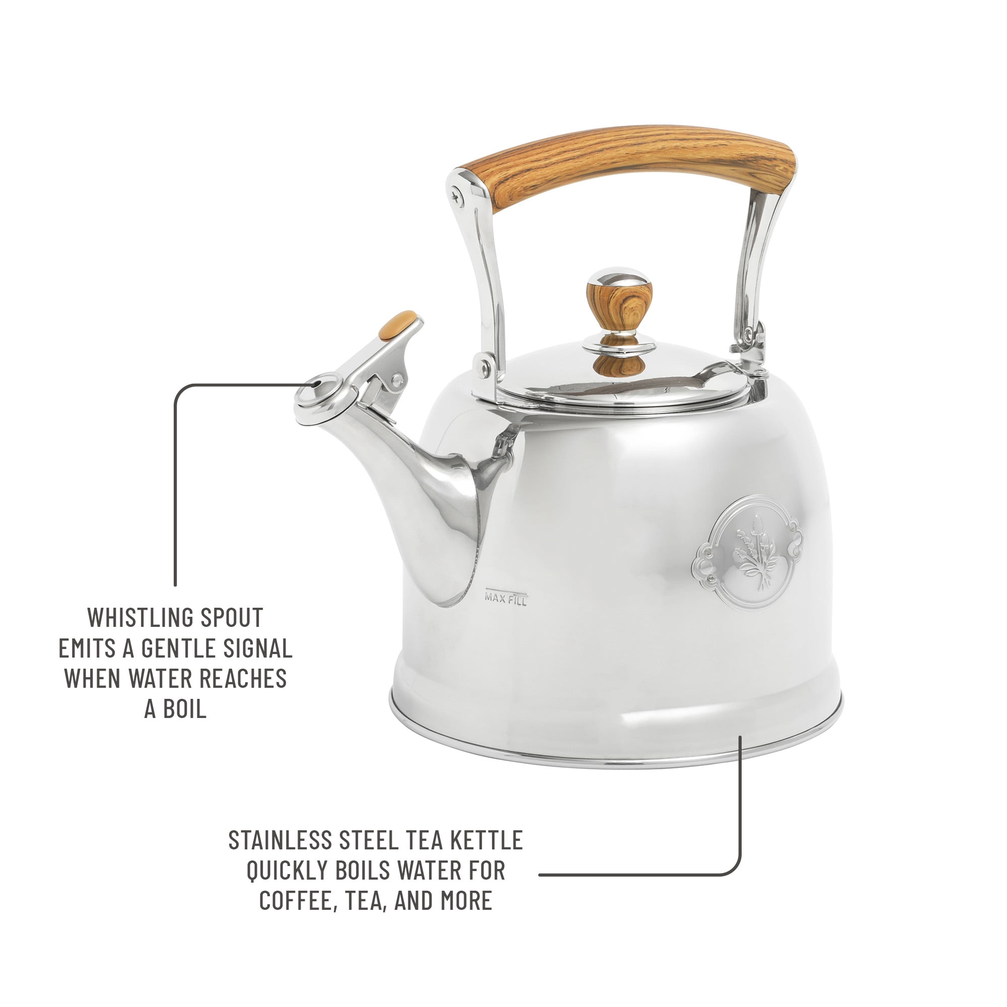The Pioneer Woman 1.8-Quart Stainless Steel Whistling Tea Kettle with Folding Handle, Silver
