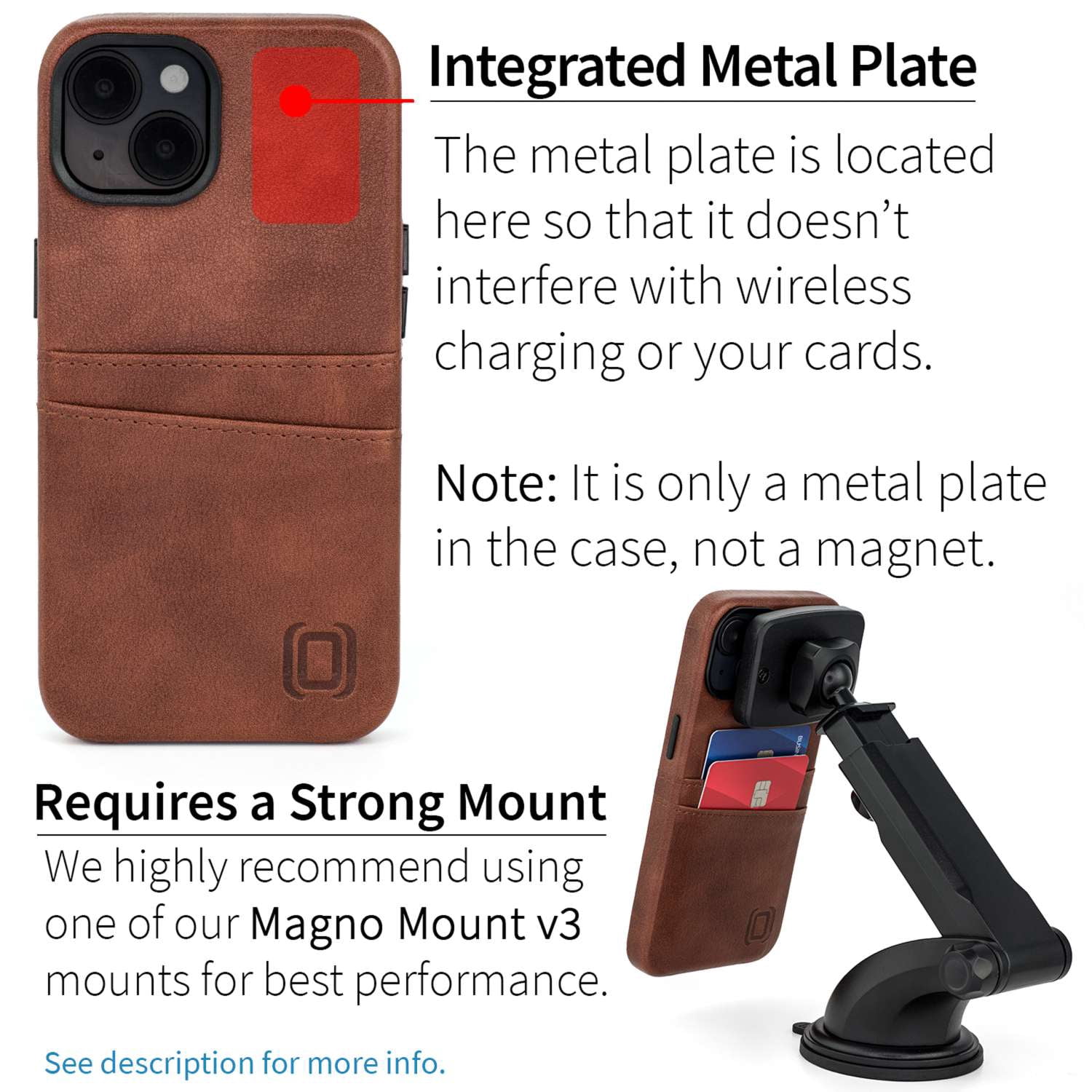 Dockem Card Case for iPhone 14 with Built-in Metal Plate for Magnetic Mounting & 2 Pockets: Exec M2 (Brown)