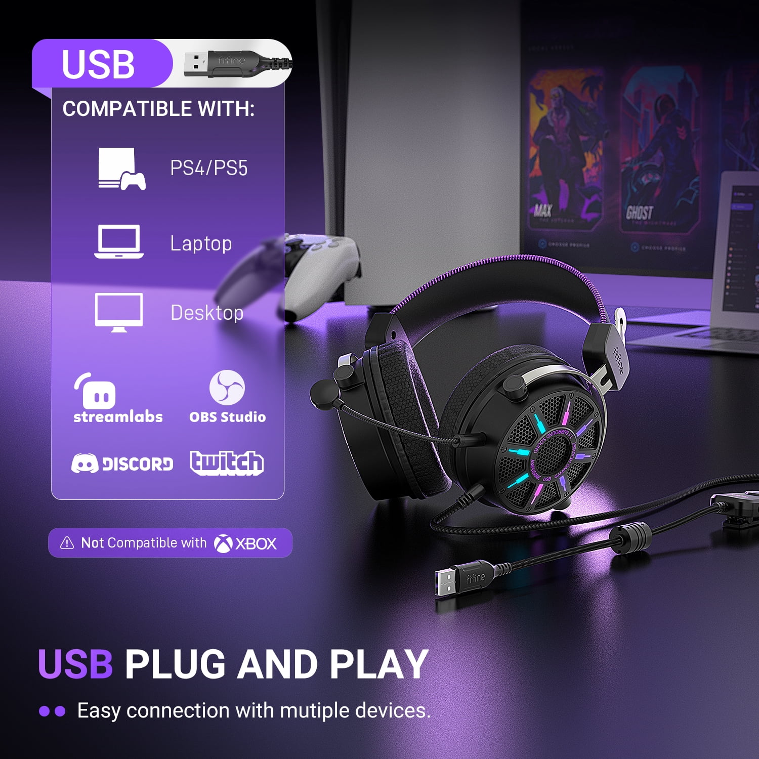 FIFINE Open-Back Gaming Headset for PC Computer, PS5/PS4, Wired Headphones with Noise-Cancelling Microphone, 7.1 Surround Sound, EQ Modes, RGB Lighting