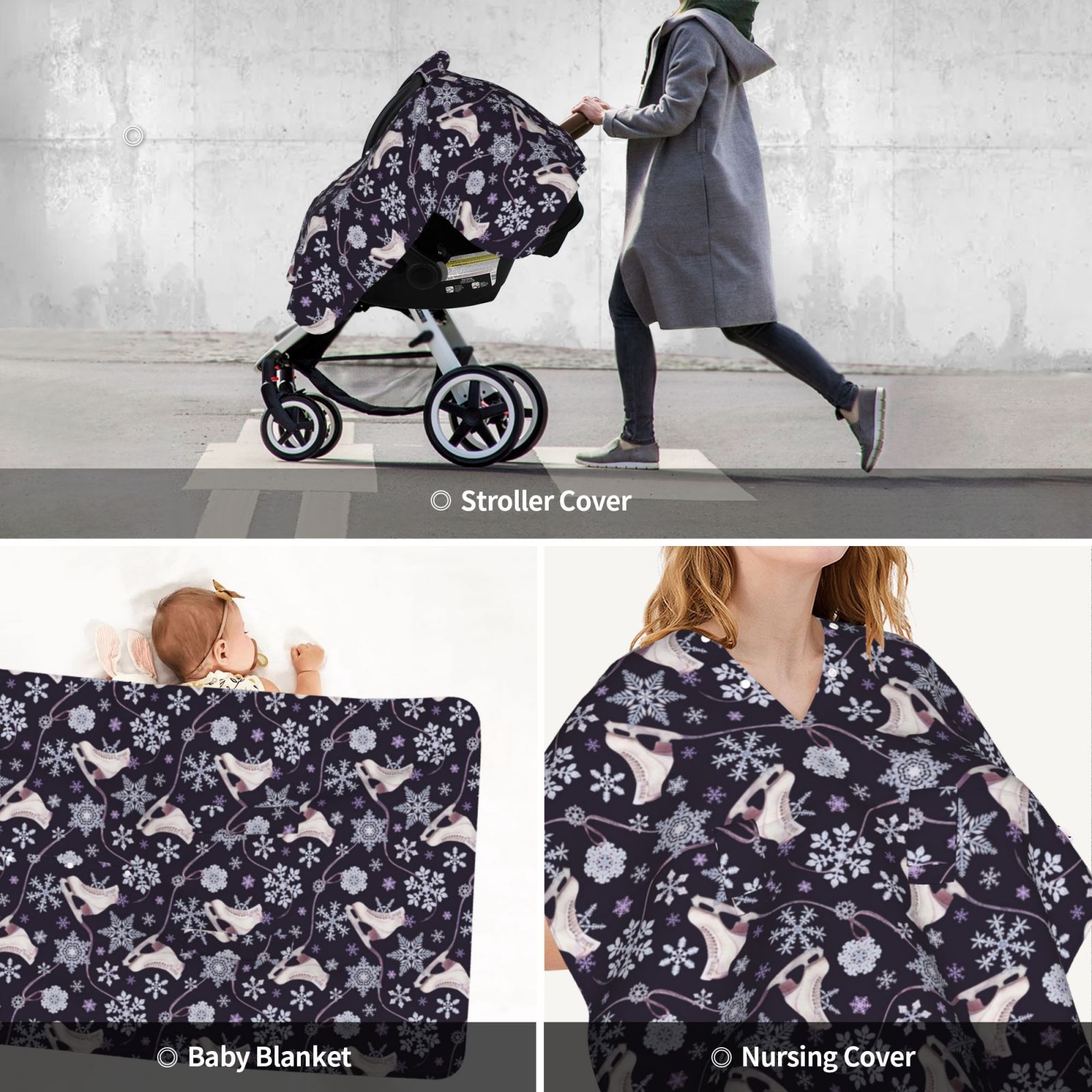 Car Seat Cover Baby - Elegant ice skates snowflakes A Breathable Infant Car Seat Cover for Baby Carseat, Lightweight Comfort Baby Essentials Must Haves Newborn Stuff for Girl Boy