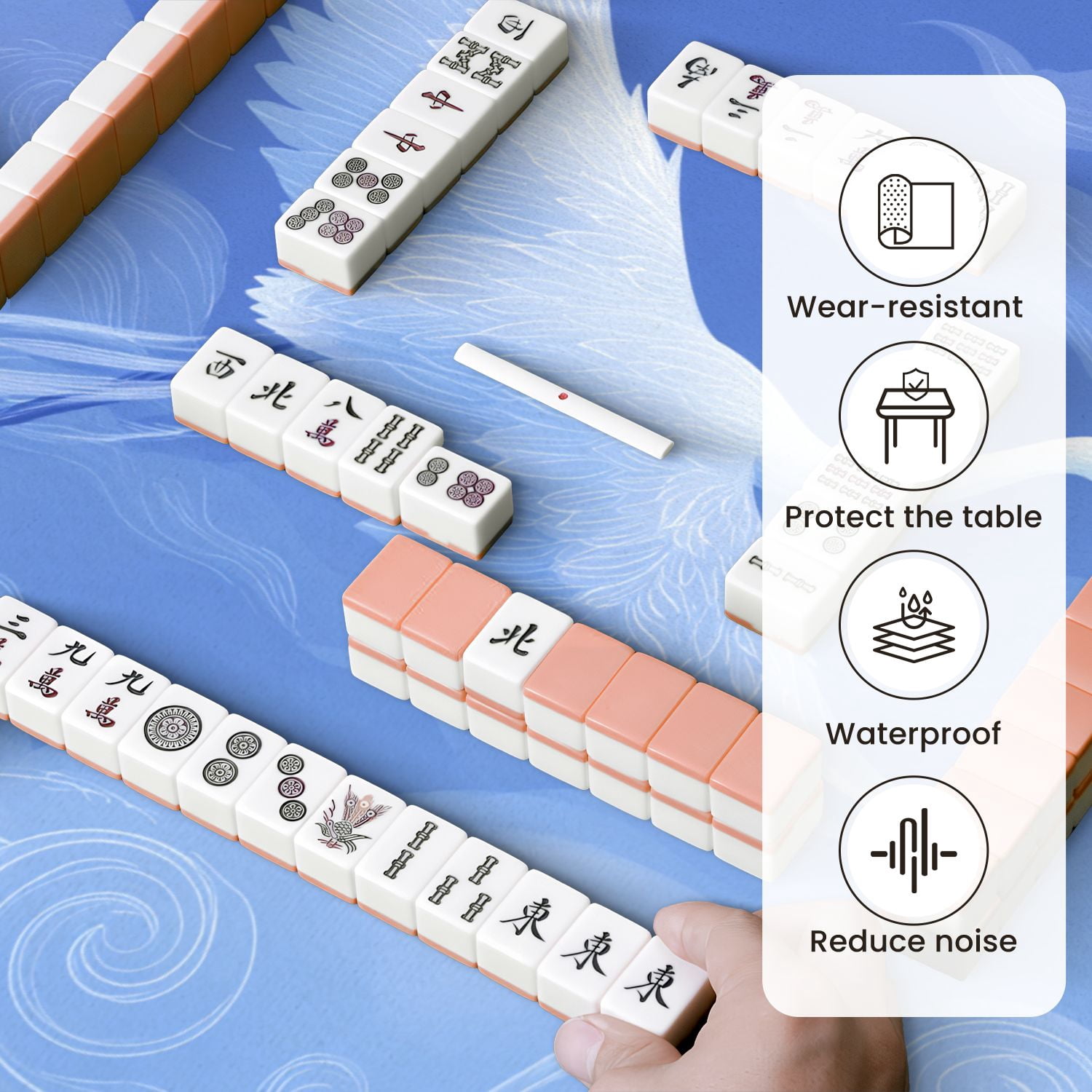 Chinoiserie Mahjong Mat 31.5" x 31.5" Graceful Crane Minimalistic Blue Sky Whimsical Cloud Patterns Non-Slip Noise Reduction Mahjong Tiles Table Cover for Dominoes Poker Card Board and Tile Games