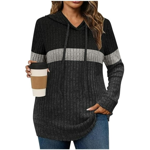 qelini Hoodies for Women Ribbed Pullover Hooded Long Sleeve Sweatshirts Colorblock Knitted Tops Dressy Warm Clothes