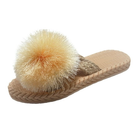 

uikmnh Women Slippers Spring And Summer Imitation Straw Woven Women Flat Sandals And Flip Flops Fringe Ball Beach Slippers Khaki 7.5